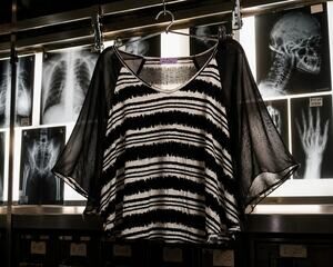 Rhea & Co Black White Striped Chiffon Sleeve Hi Low Top Medium USA Made